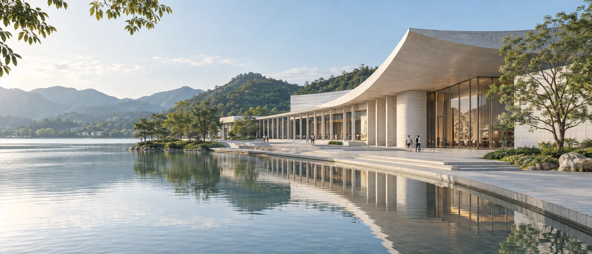 水岸、山丘与现代文化空间,原创文旅场景示意